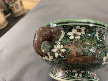 A Chinese verte biscuit 'flaming horses' censer, Jiajing mark, 18/19th C.