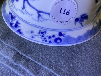 A Chinese blue and white 'twelve magpies' bowl, Chenghua mark, Kangxi