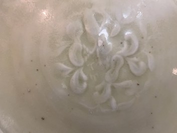 Two Chinese Longquan celadon dishes with underglaze design, Ming
