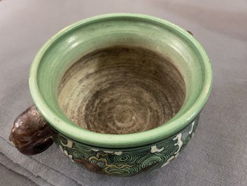 A Chinese verte biscuit 'flaming horses' censer, Jiajing mark, 18/19th C.