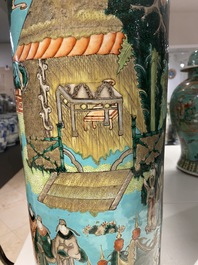 A Chinese cylindrical famille verte turquoise-ground vase, 19th C.