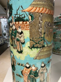 A Chinese cylindrical famille verte turquoise-ground vase, 19th C.