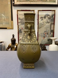 A Chinese monochrome teadust-glazed vase overdecorated in silver and gilt, Qianlong mark, Republic