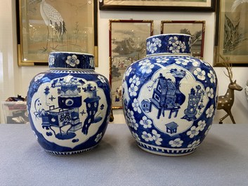 Four Chinese blue and white 'antiquities' jars and covers, 19th C.