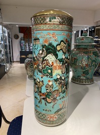 A Chinese cylindrical famille verte turquoise-ground vase, 19th C.