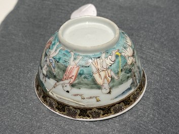 A Chinese famille rose 'harvesting' cup and saucer, Yongzheng