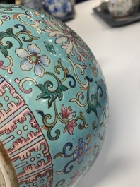 A Chinese famille rose turquoise-ground bottle vase, Qianlong mark, 19th C.