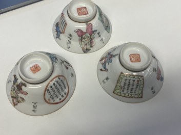 Zes Chinese famille rose 'Wu Shuang Pu' koppen en schotels, Qianlong en Tongzhi merken, 19e eeuw