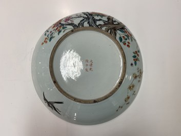 A large Chinese famille rose 'prunus and magpie' dish, Qianlong mark, 19th C.
