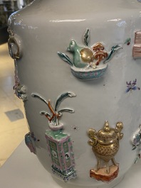 A Chinese famille rose vase with applied 'antiquities' design, Yongzheng