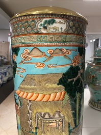 A Chinese cylindrical famille verte turquoise-ground vase, 19th C.