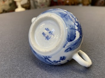 Four Chinese Yixing stoneware, blue and white and monochrome black porcelain teapots, Kangxi and later