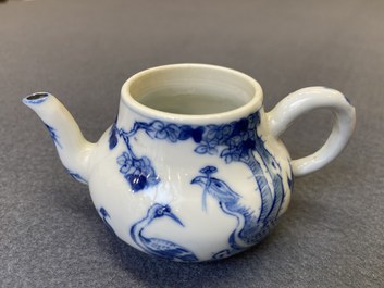 Four Chinese Yixing stoneware, blue and white and monochrome black porcelain teapots, Kangxi and later