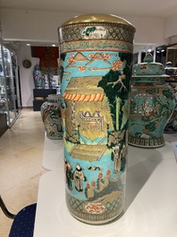 A Chinese cylindrical famille verte turquoise-ground vase, 19th C.