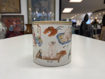 A Chinese famille rose 'erotical subject' brush pot, 1st half 19th C.