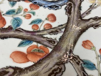A large Chinese famille rose 'prunus and magpie' dish, Qianlong mark, 19th C.