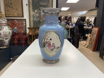 A Chinese famille rose lavender-blue-ground vase, Qianlong mark, Republic