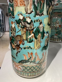 A Chinese cylindrical famille verte turquoise-ground vase, 19th C.