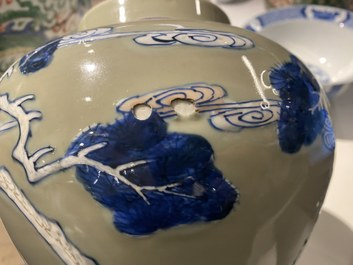 A Chinese blue, white and copper-red celadon-ground 'birds and deer' vase, Kangxi