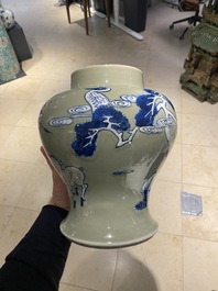 A Chinese blue, white and copper-red celadon-ground 'birds and deer' vase, Kangxi