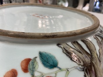 A large Chinese famille rose 'prunus and magpie' dish, Qianlong mark, 19th C.