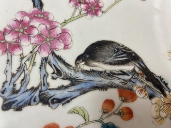 A large Chinese famille rose 'prunus and magpie' dish, Qianlong mark, 19th C.