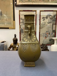 A Chinese monochrome teadust-glazed vase overdecorated in silver and gilt, Qianlong mark, Republic