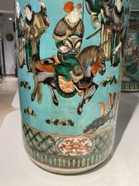 A Chinese cylindrical famille verte turquoise-ground vase, 19th C.