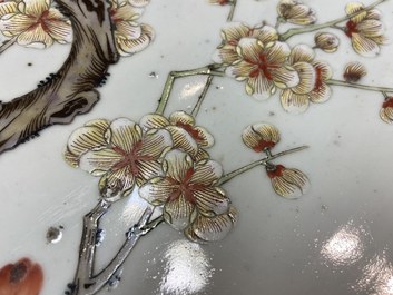 A large Chinese famille rose 'prunus and magpie' dish, Qianlong mark, 19th C.