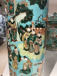 A Chinese cylindrical famille verte turquoise-ground vase, 19th C.