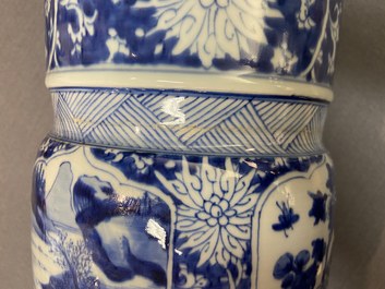 A Chinese blue and white 'gu' vase with floral and lanscape panels, Kangxi