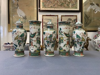 A Chinese famille verte five-piece garniture, Kangxi mark, 19th C.
