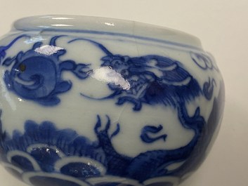 A pair of Chinese blue and white 'dragon' stem cups and one in copper-red, 19/20th C.