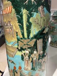 A Chinese cylindrical famille verte turquoise-ground vase, 19th C.