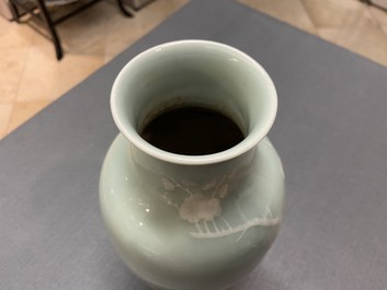 A Chinese monochrome blue censer and a white slip-decorated celadon vase, 18/19th C.