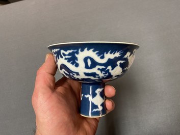 A Chinese blue-ground incised 'dragon' stem cup, Xuande mark, Republic