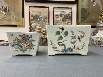 Two Chinese famille rose and iron-red jardini&egrave;res with Buddhist lions and birds among blossoms, 19th C.