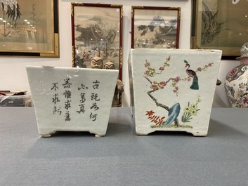Two Chinese famille rose and iron-red jardini&egrave;res with Buddhist lions and birds among blossoms, 19th C.