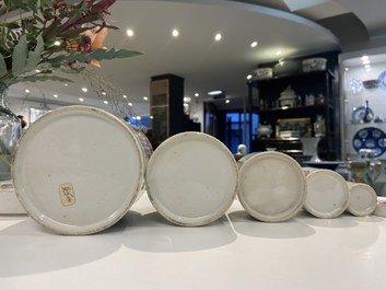 Five Chinese famille rose 'Wu Shuang Pu' stacking boxes and covers, 19th C.