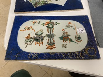 Two Chinese famille verte powder blue-ground plaques, Kangxi