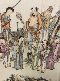 A Chinese wooden table screen with a qianjiang cai plaque, 19th C.