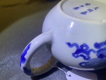 A Chinese blue and white 'antiquities' teapot and cover, Jiajing mark, Kangxi