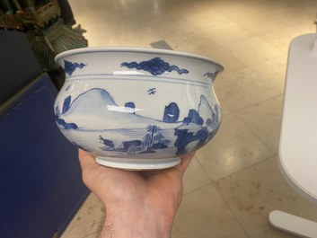 A Chinese blue and white censer with figures in a mountainous landscape, Kangxi