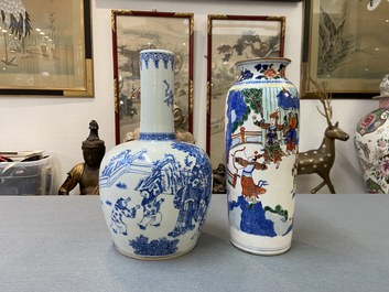 A Chinese wucai rouleau vase and a blue, white and copper-red vase, 19/20th C.