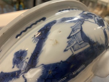 A Chinese blue and white tripod censer with figures in a mountainous landscape, Kangxi