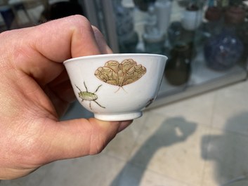 A Chinese famille rose 'bird and insects' cup and saucer, Yongzheng