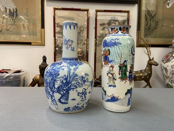 A Chinese wucai rouleau vase and a blue, white and copper-red vase, 19/20th C.