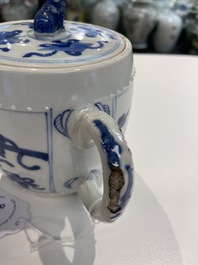 A Chinese blue and white 'antiquities' teapot and cover, Kangxi