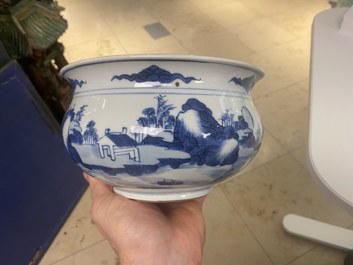 A Chinese blue and white censer with figures in a mountainous landscape, Kangxi