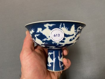 A Chinese blue-ground incised 'dragon' stem cup, Xuande mark, Republic
